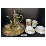 Brass Plated Tea Set, Haviland Tea Cups & Saucers
