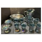 Carnival Glass Pitcher, Bowl & Glasses Set.