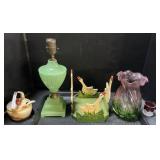 Jadeite Lamp, Blown Glass Vase, Noritake Sugar