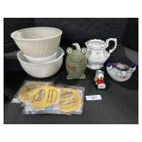 Milk Glass Bowls, Beer Adv, Ceramic Bank.