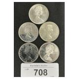 5 .800 Fine Silver Canadian Elizabeth II Dollars.