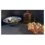 Carnival Glass Bowls & Glass Bottle.