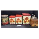 Floral Tin Canisters, Coffee Tin & Grinder.