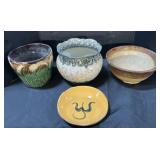 Majolica Planter, Roseville Bowl, Stoneware Plate.