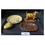 Lot Of Redware Pottery Plates, Egg & Dog.