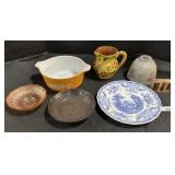 Breininger Redware Pitcher, Flo Blue, Pyrex Dish.