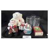 Coca-Cola Glasses, Plushes, Music Box.