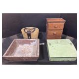 Wooden Doll Dresser, Wicker Basket, Wooden Box