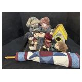 Plush Snowmen, Birdhouse, Fabric Flag.