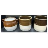 Two Tone Stoneware Crocks & Lidded Jar.