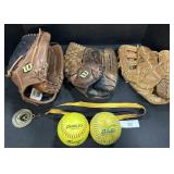 Wilson & Mizuno Softball Gloves, Softballs, Medal.