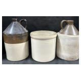 Two Toned Stoneware Jugs & Stoneware Crock.