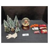 Bottle Brush Trees, Dir Cast Toy Cars, Snow Globe.