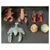 Cast Iron Lobsters, Christmas Ornaments, Clock.