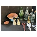 Redware Pottery Cake Stand, Fish Bottles, Old