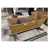 Primitive Pine Baby Rocker & Vtg Toy Wheel Barrow.