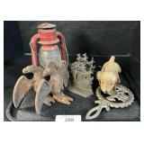 Cast Iron Bookends, Lantern, Plush Dog.