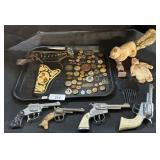 Cap Gun Pistols, Holster, Button Pins, Wind Up Toy