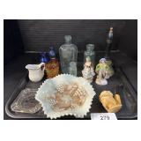 Glass Bottles, Milk Glass Plate, Bell, Pipe.