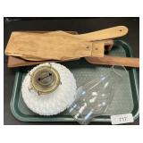 Milk Glass Lamp, Vintage Wooden Serving Utensils.