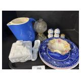 Transferware Plates, Milkglass Dish, S&P Shakers.;