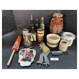 Red Floral Parasol, Vases, Stoneware Crocks.