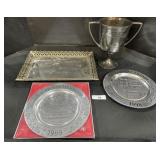 Silver Plated Trophy, Pewter Holiday Plates.