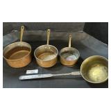 3 Copper Pots & Wrought Iron Handle Brass Ladle.
