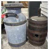 Vtg Steel Milk Jug, Small Wooden Barrel.
