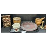 Roseville Crock, Wooden Bowls & Plate, Candlestick