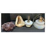 Milk Glass & Conch Shell Lamps, Ruffle Edge Bowl.