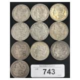 10 90% Silver 1880-1921 Morgan Dollars.