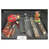 Bowie Knives, Pocket Knives, Tin Monkey & Ladybug.