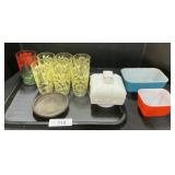 Pyrex, Milk Glass, Bronze Ashtray, Floral Glasses.