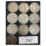 10 90% Silver 1879-1921 Morgan Dollars.