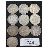 10 90% Silver 1880-1921 Morgan Dollars.