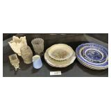 Flo Blue Transferware, Milk Glass Vase, Plates