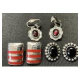 Sterling Silver, Onxy, Red Coral, Garnet Earrings.