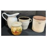 Stoneware Crocks, Enamelware Pitcher.