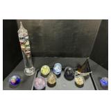 Blown Glass Paperweights, Galileo Thermometer.
