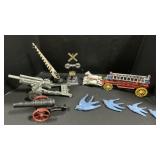 Cast Iron Fire Truck & Cannon Toys, Plaster Birds.