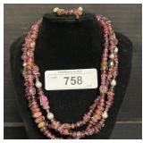 Pink Tourmaline & Pearl Necklace, Clip On Earrings