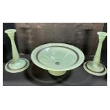Jadite Style Pedestal Bowl & Candlestick Set.