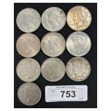 10 90% Silver 1922-1925 Peace Dollars.