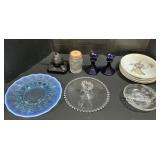 Opalescent Plate, Cobalt Candlesticks, Ink Well.