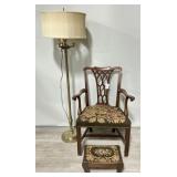 Chippendale Style Armchair & Foot Stool, Lamp.
