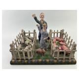 Farmer & Wife Sheep & Pig Wood Carved Scene.