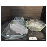 Duralex Bowls, Corn Plates, Pyrex Measuring Cup.