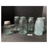 6 Vintage Aqua Glass Masson Jars & Lids.