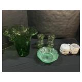 Uranium Glass Dish, Blown Glass Pitchers & Vase.